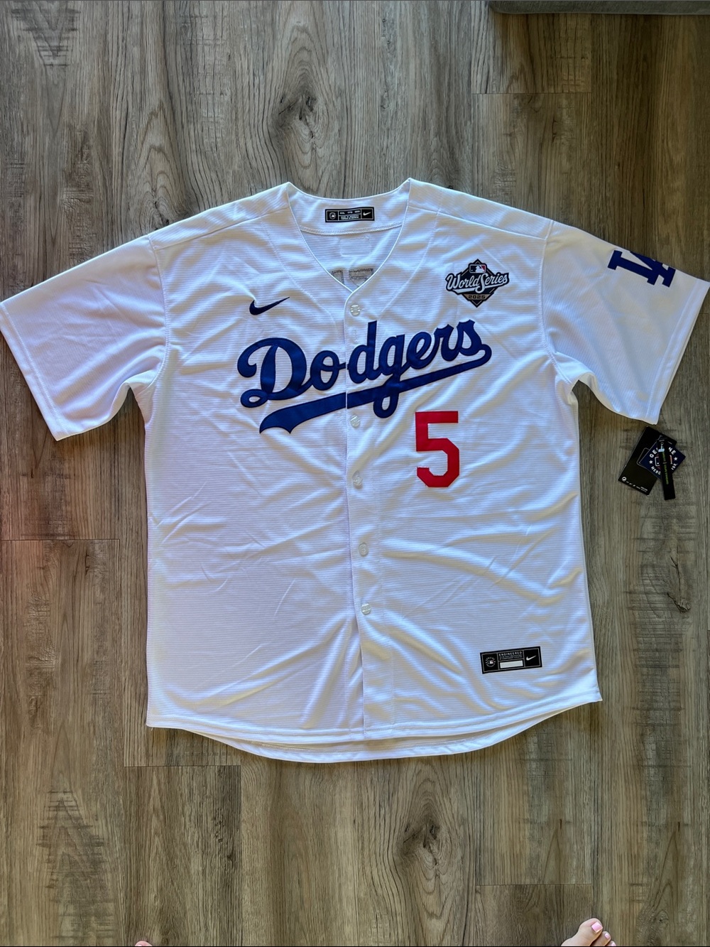 Nike Dodgers White Jersey with Blue Script and Red Number